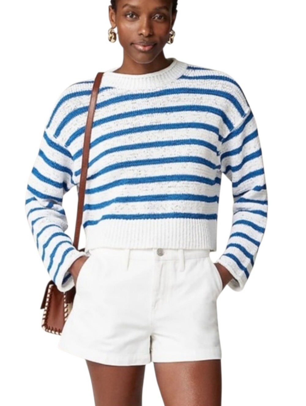 J.Crew Textured Tie-Back Rollneck Sweater Blue Stripe Coastal Nautical Sz S